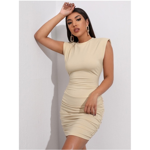 Shoulder Pad Beige Ruched Casual Mini Dress - Picture 4 of 12